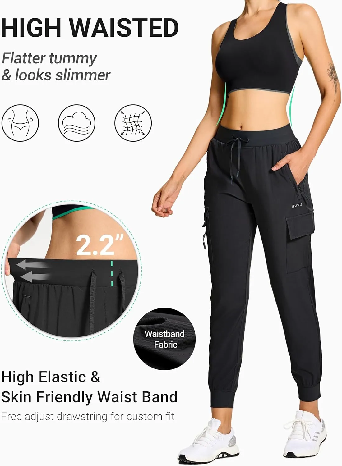 BVVU Women's Cargo Joggers Hiking Pants High Wasited Lightweight Quick Dry with Zipper Pockets Waterproof Athletic Sweatpants