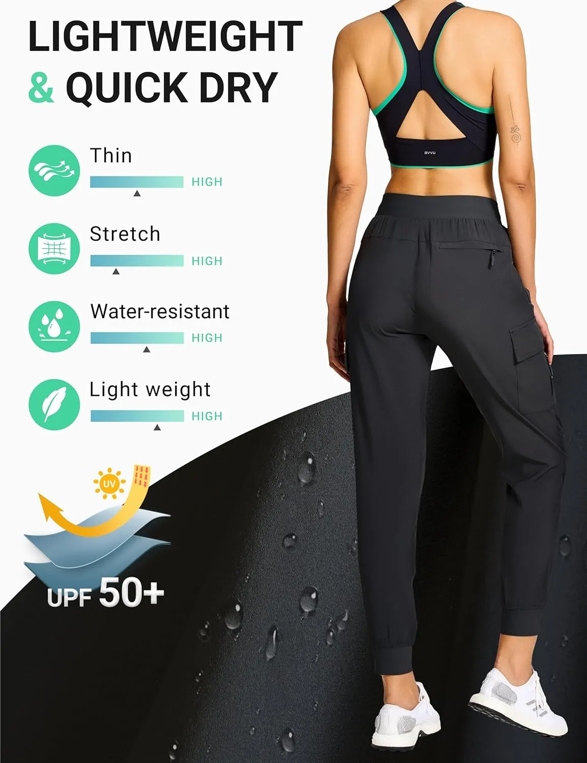 BVVU Women's Cargo Joggers Hiking Pants High Wasited Lightweight Quick Dry with Zipper Pockets Waterproof Athletic Sweatpants