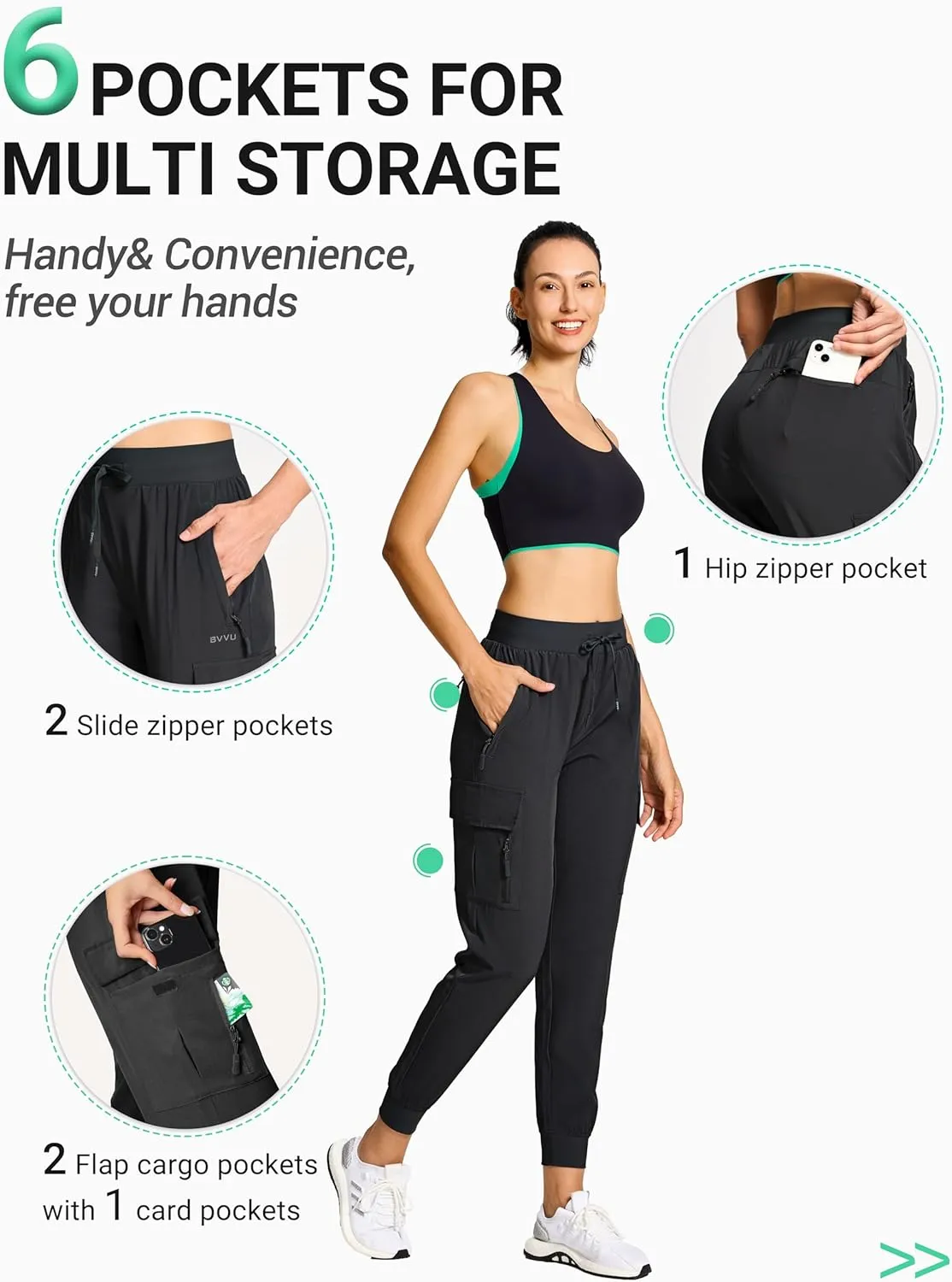 BVVU Women's Cargo Joggers Hiking Pants High Wasited Lightweight Quick Dry with Zipper Pockets Waterproof Athletic Sweatpants