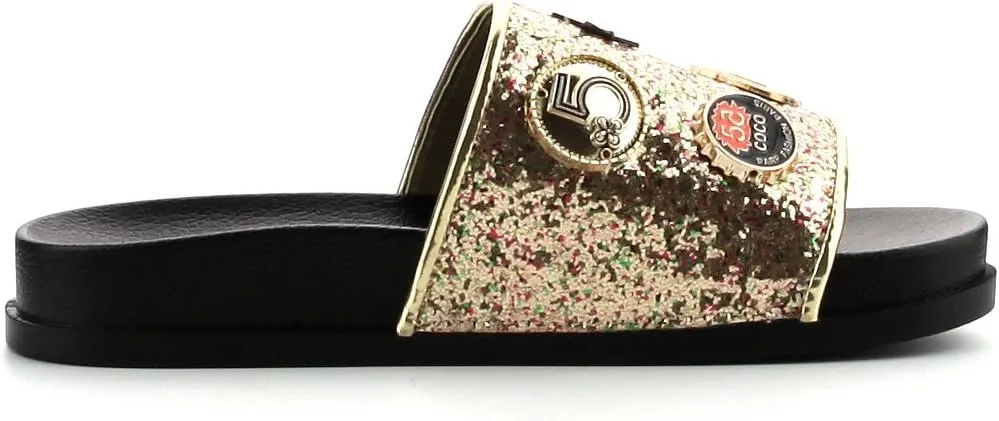 Cape Robbin Moira-25 Womens Slides Flip Flop Glitter Metal Pendant Ornament Fashion Sandals