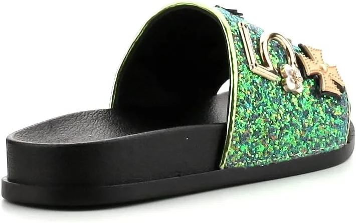 Cape Robbin Moira-25 Womens Slides Flip Flop Glitter Metal Pendant Ornament Fashion Sandals