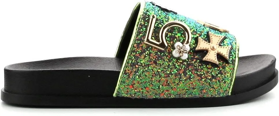 Cape Robbin Moira-25 Womens Slides Flip Flop Glitter Metal Pendant Ornament Fashion Sandals