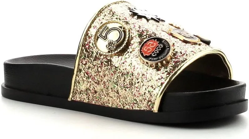 Cape Robbin Moira-25 Womens Slides Flip Flop Glitter Metal Pendant Ornament Fashion Sandals