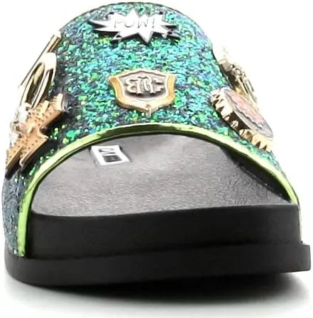 Cape Robbin Moira-25 Womens Slides Flip Flop Glitter Metal Pendant Ornament Fashion Sandals