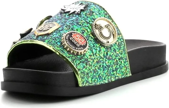 Cape Robbin Moira-25 Womens Slides Flip Flop Glitter Metal Pendant Ornament Fashion Sandals