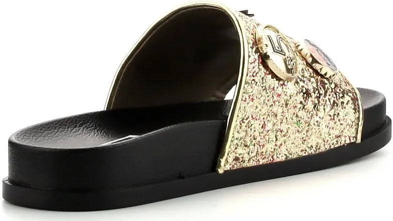 Cape Robbin Moira-25 Womens Slides Flip Flop Glitter Metal Pendant Ornament Fashion Sandals