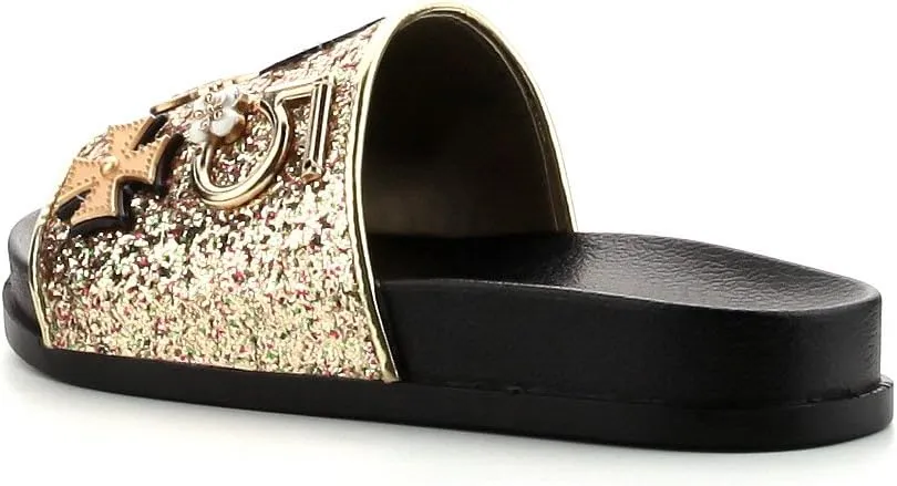Cape Robbin Moira-25 Womens Slides Flip Flop Glitter Metal Pendant Ornament Fashion Sandals