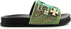 Cape Robbin Moira-25 Womens Slides Flip Flop Glitter Metal Pendant Ornament Fashion Sandals