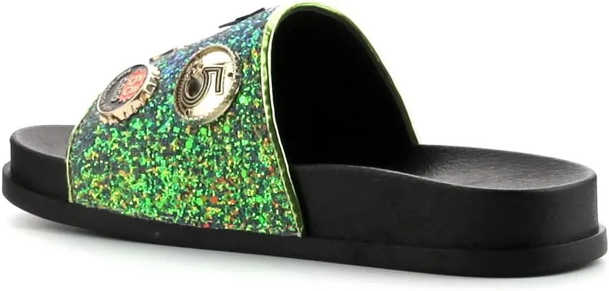 Cape Robbin Moira-25 Womens Slides Flip Flop Glitter Metal Pendant Ornament Fashion Sandals