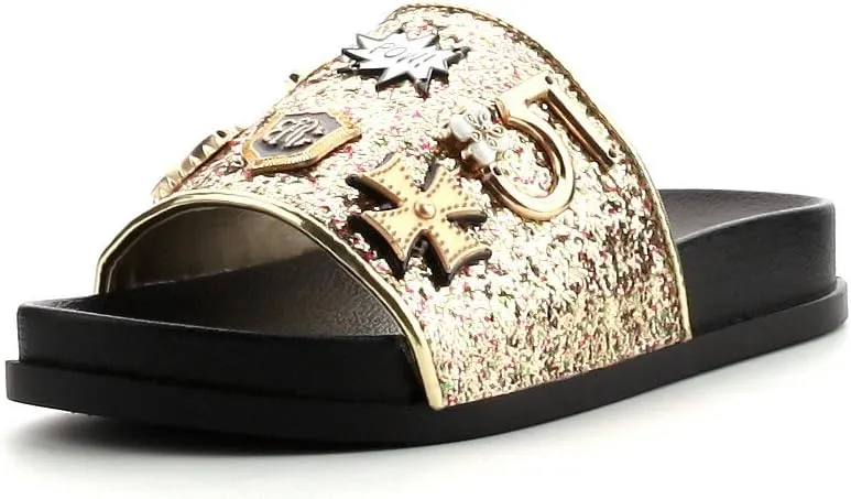 Cape Robbin Moira-25 Womens Slides Flip Flop Glitter Metal Pendant Ornament Fashion Sandals
