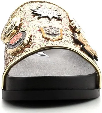 Cape Robbin Moira-25 Womens Slides Flip Flop Glitter Metal Pendant Ornament Fashion Sandals