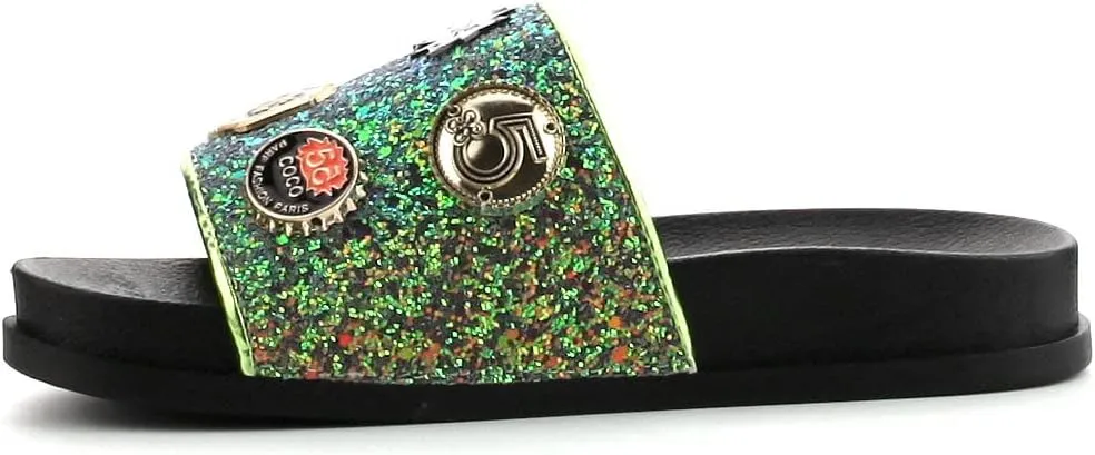 Cape Robbin Moira-25 Womens Slides Flip Flop Glitter Metal Pendant Ornament Fashion Sandals