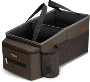 Car Back Seat Organizer - Car Organization Road Trip Essentials Kids, Car Accessories for Women Men Interior with Cup Holders, Tissue Box, Mesh Pockets, Brown