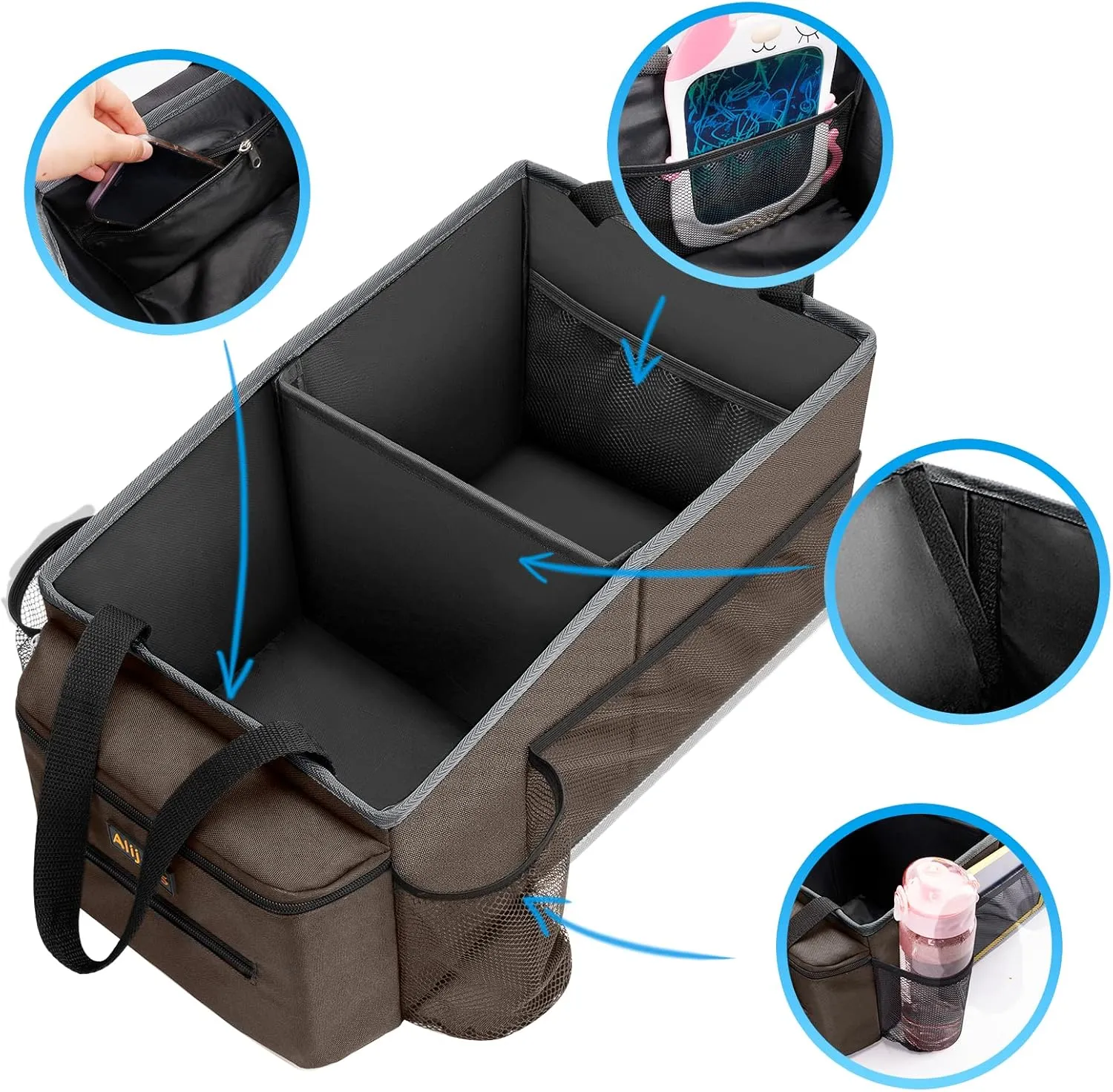 Car Back Seat Organizer - Car Organization Road Trip Essentials Kids, Car Accessories for Women Men Interior with Cup Holders, Tissue Box, Mesh Pockets, Brown