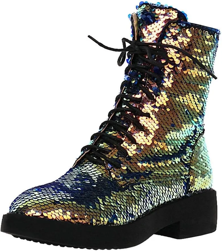 Caradise Womens Lace Up Glitter Combat Boots Chunky Heel Sequin Ankle Booties