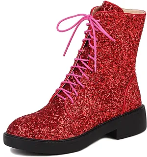 Caradise Womens Lace Up Glitter Combat Boots Chunky Heel Sequin Ankle Booties