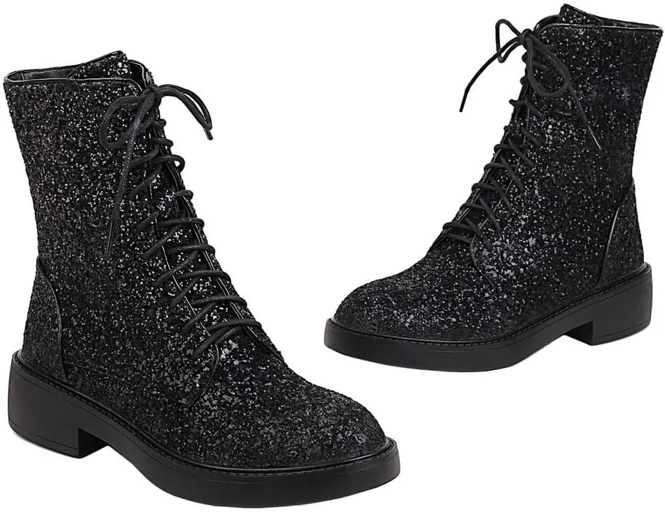 Caradise Womens Lace Up Glitter Combat Boots Chunky Heel Sequin Ankle Booties