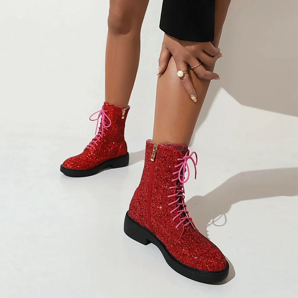 Caradise Womens Lace Up Glitter Combat Boots Chunky Heel Sequin Ankle Booties