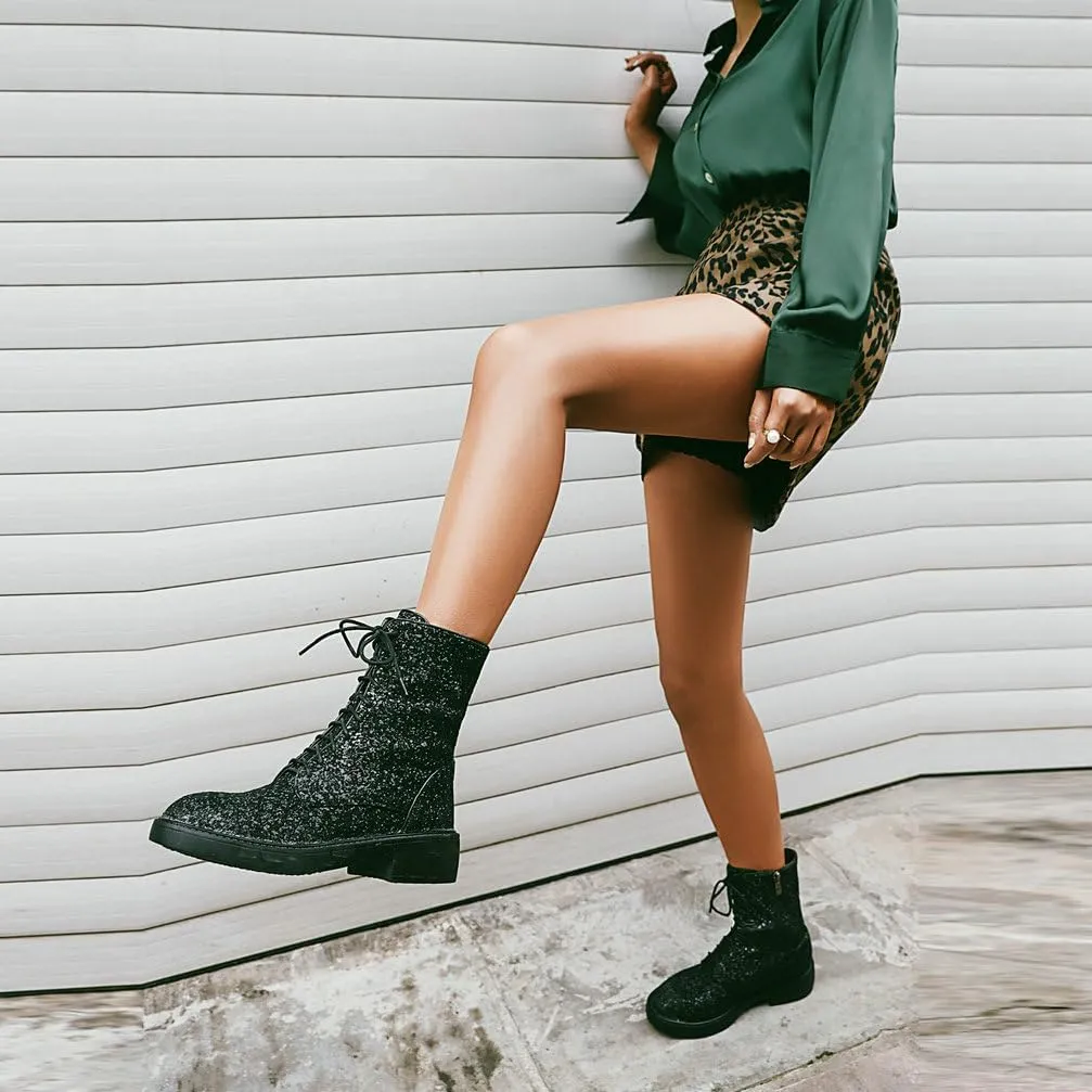 Caradise Womens Lace Up Glitter Combat Boots Chunky Heel Sequin Ankle Booties