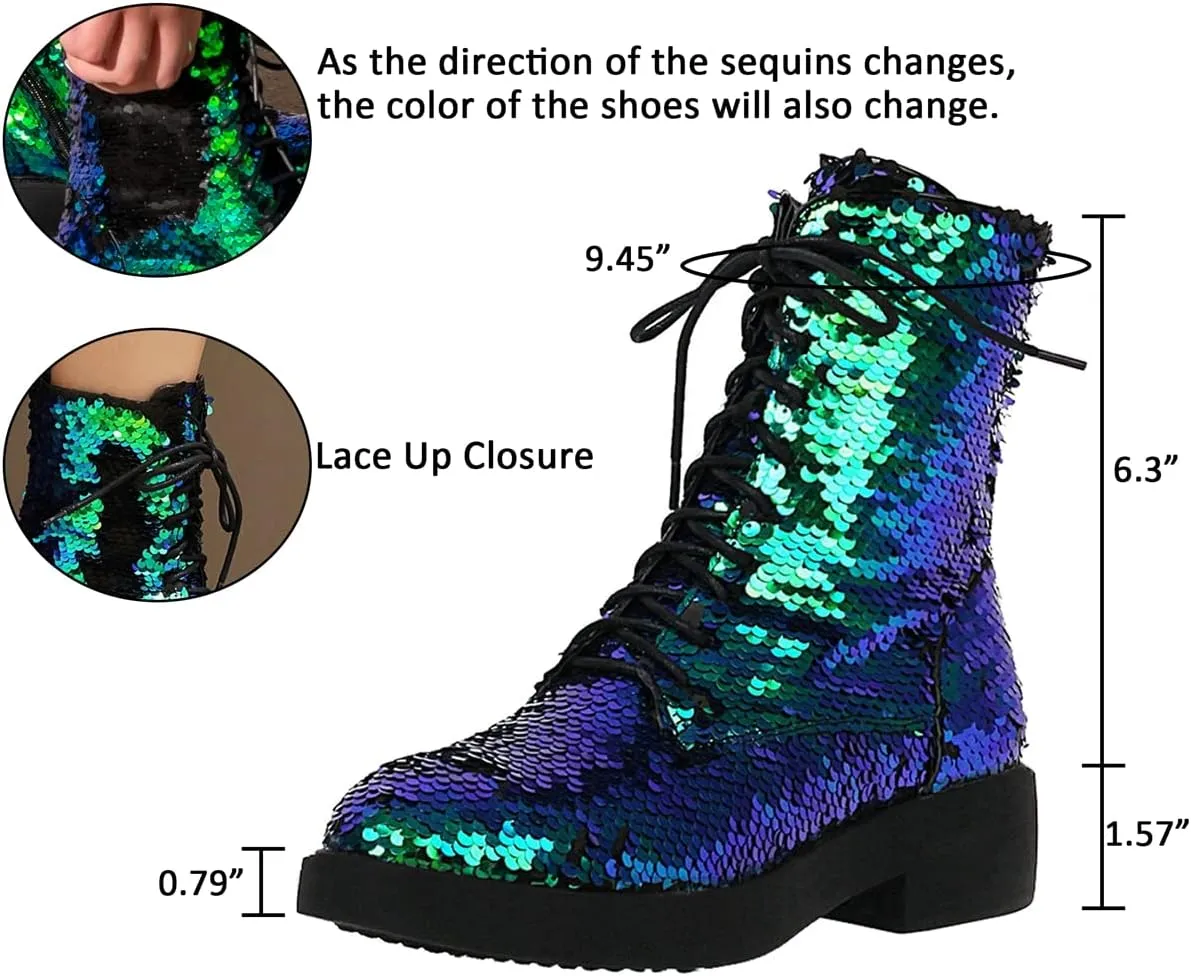 Caradise Womens Lace Up Glitter Combat Boots Chunky Heel Sequin Ankle Booties