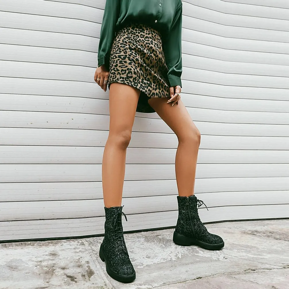 Caradise Womens Lace Up Glitter Combat Boots Chunky Heel Sequin Ankle Booties