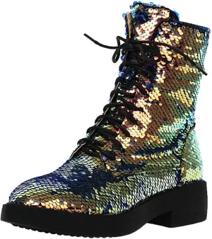 Caradise Womens Lace Up Glitter Combat Boots Chunky Heel Sequin Ankle Booties