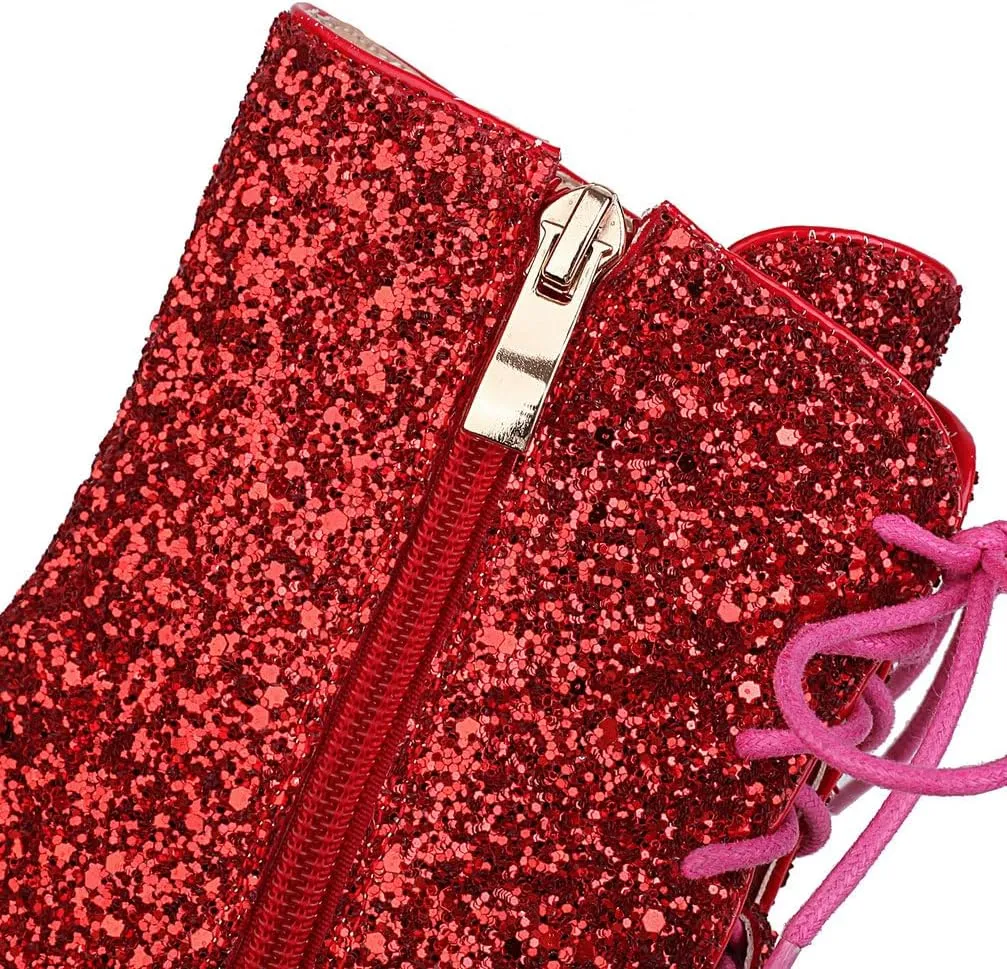Caradise Womens Lace Up Glitter Combat Boots Chunky Heel Sequin Ankle Booties
