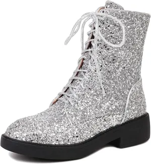 Caradise Womens Lace Up Glitter Combat Boots Chunky Heel Sequin Ankle Booties