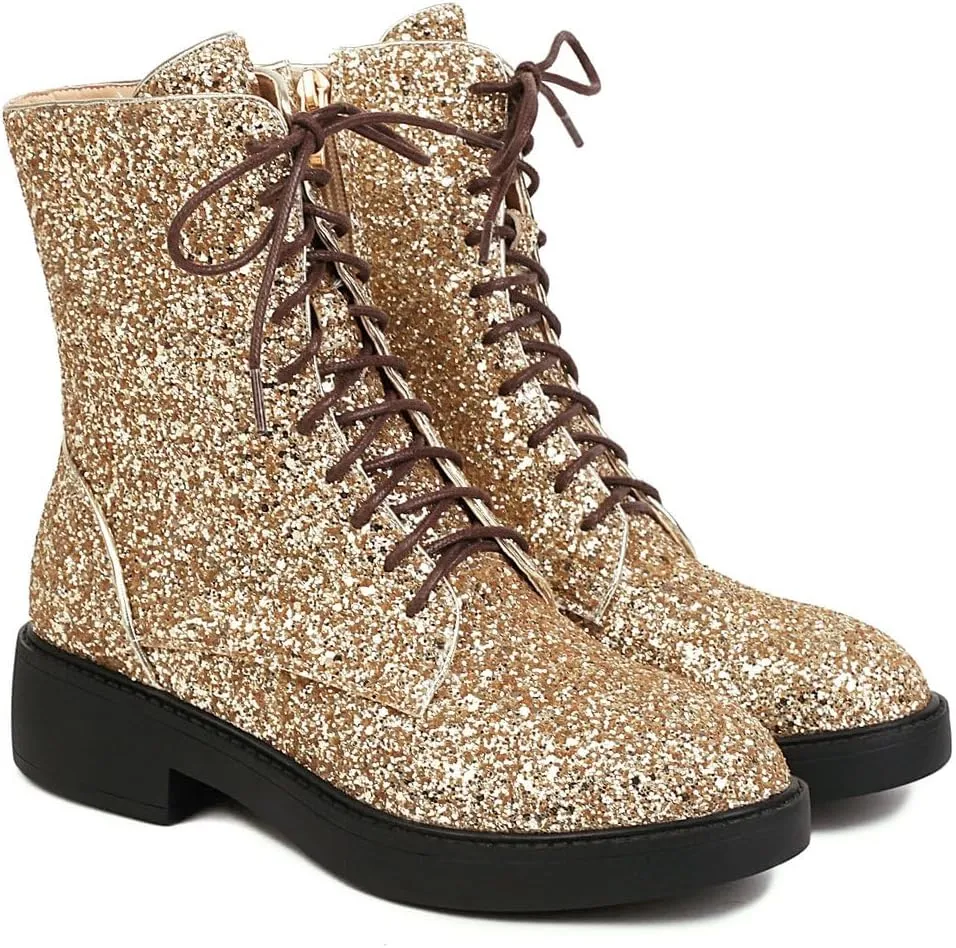 Caradise Womens Lace Up Glitter Combat Boots Chunky Heel Sequin Ankle Booties