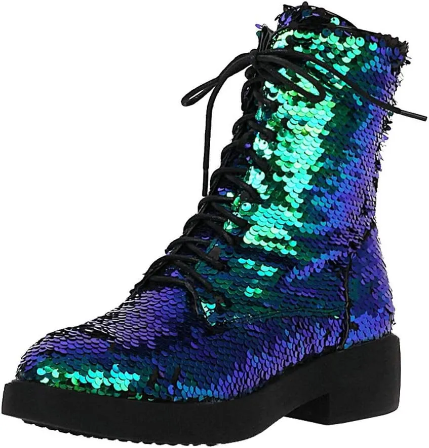 Caradise Womens Lace Up Glitter Combat Boots Chunky Heel Sequin Ankle Booties