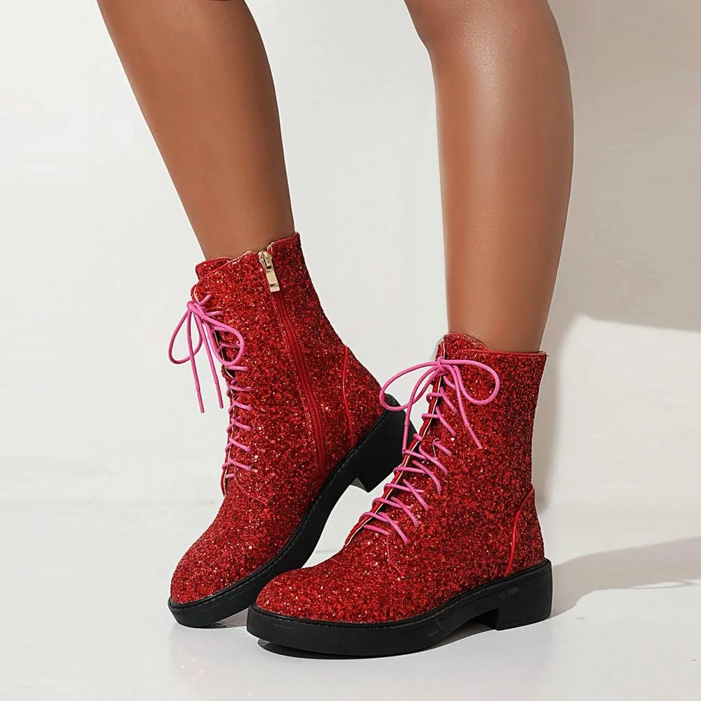 Caradise Womens Lace Up Glitter Combat Boots Chunky Heel Sequin Ankle Booties