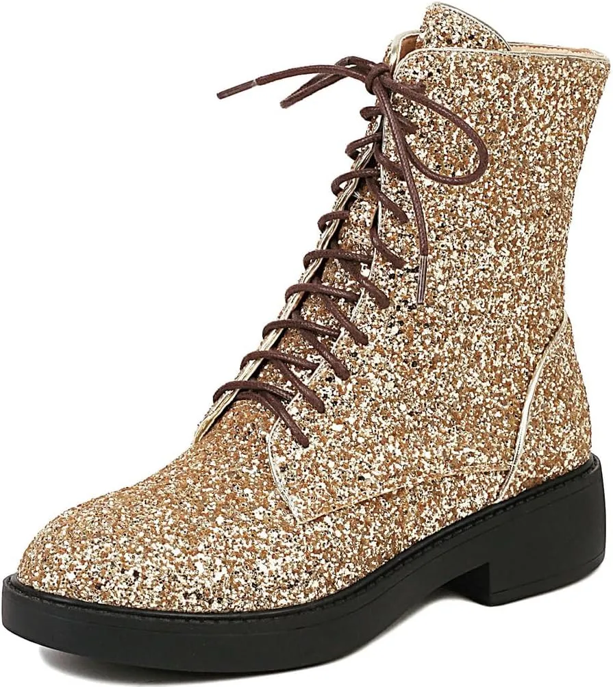 Caradise Womens Lace Up Glitter Combat Boots Chunky Heel Sequin Ankle Booties