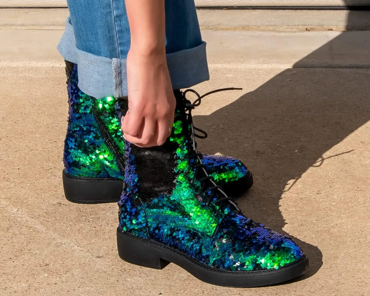 Caradise Womens Lace Up Glitter Combat Boots Chunky Heel Sequin Ankle Booties