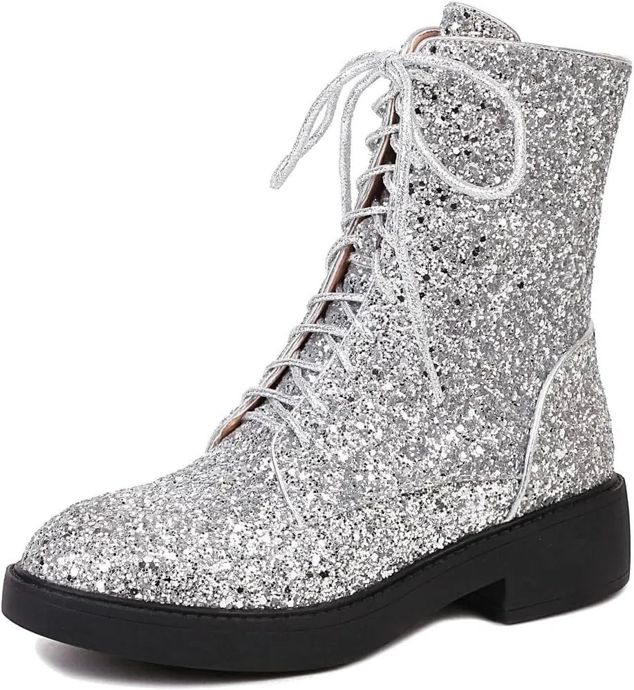 Caradise Womens Lace Up Glitter Combat Boots Chunky Heel Sequin Ankle Booties