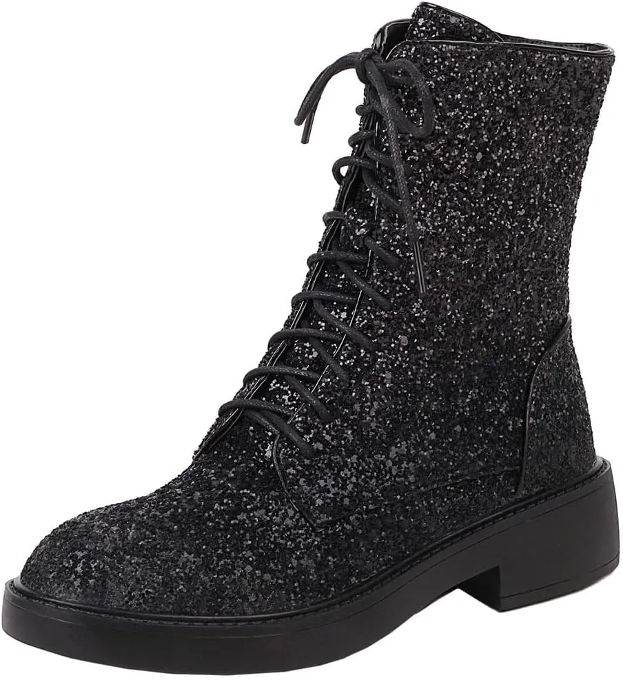 Caradise Womens Lace Up Glitter Combat Boots Chunky Heel Sequin Ankle Booties