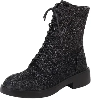 Caradise Womens Lace Up Glitter Combat Boots Chunky Heel Sequin Ankle Booties