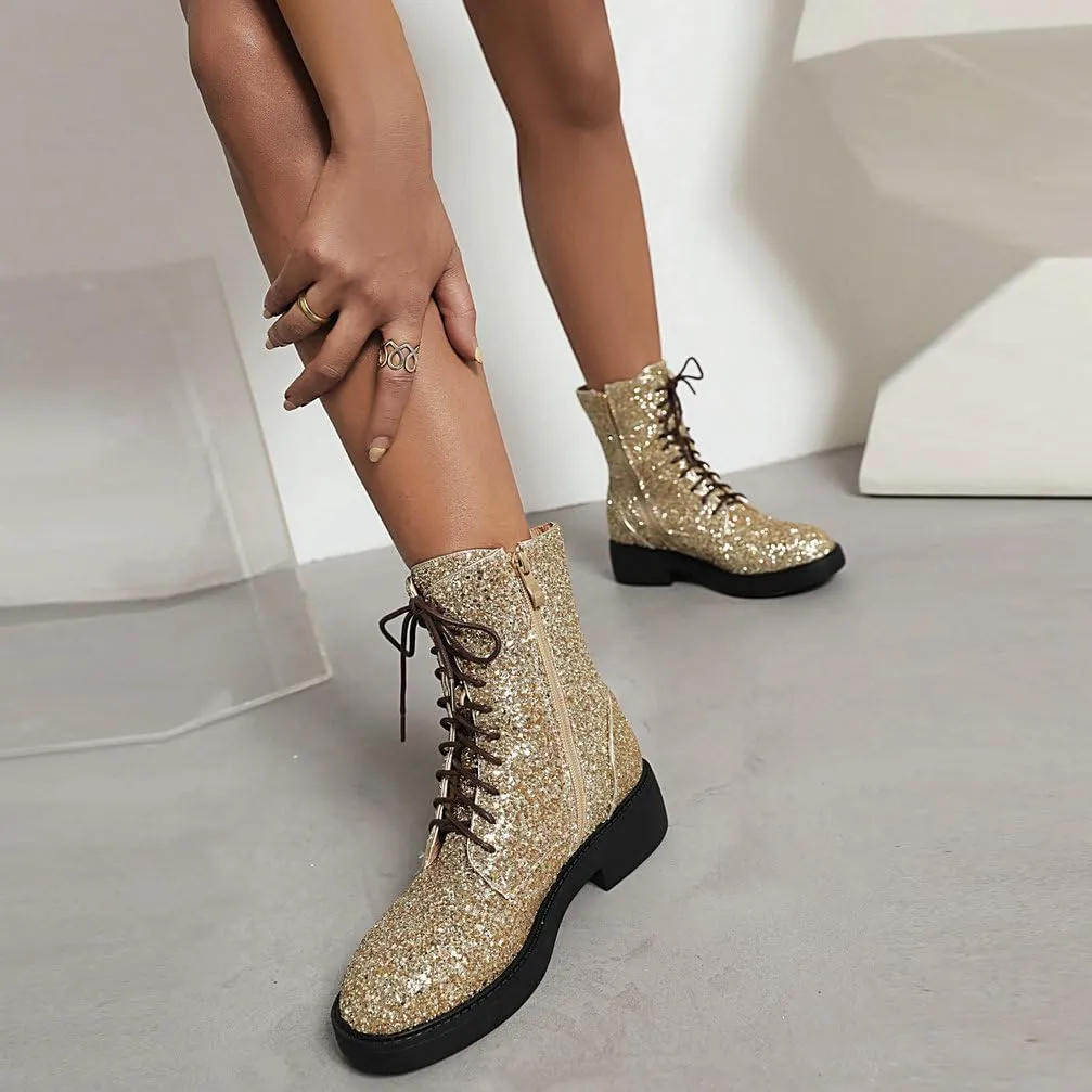 Caradise Womens Lace Up Glitter Combat Boots Chunky Heel Sequin Ankle Booties