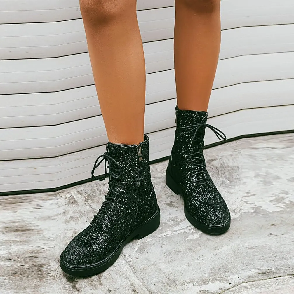Caradise Womens Lace Up Glitter Combat Boots Chunky Heel Sequin Ankle Booties