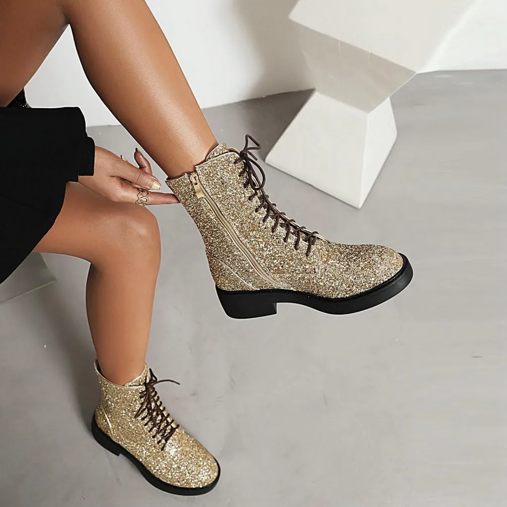 Caradise Womens Lace Up Glitter Combat Boots Chunky Heel Sequin Ankle Booties