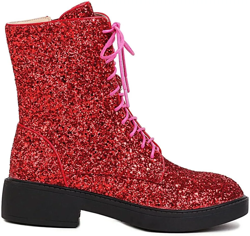 Caradise Womens Lace Up Glitter Combat Boots Chunky Heel Sequin Ankle Booties