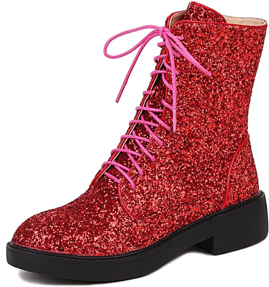 Caradise Womens Lace Up Glitter Combat Boots Chunky Heel Sequin Ankle Booties