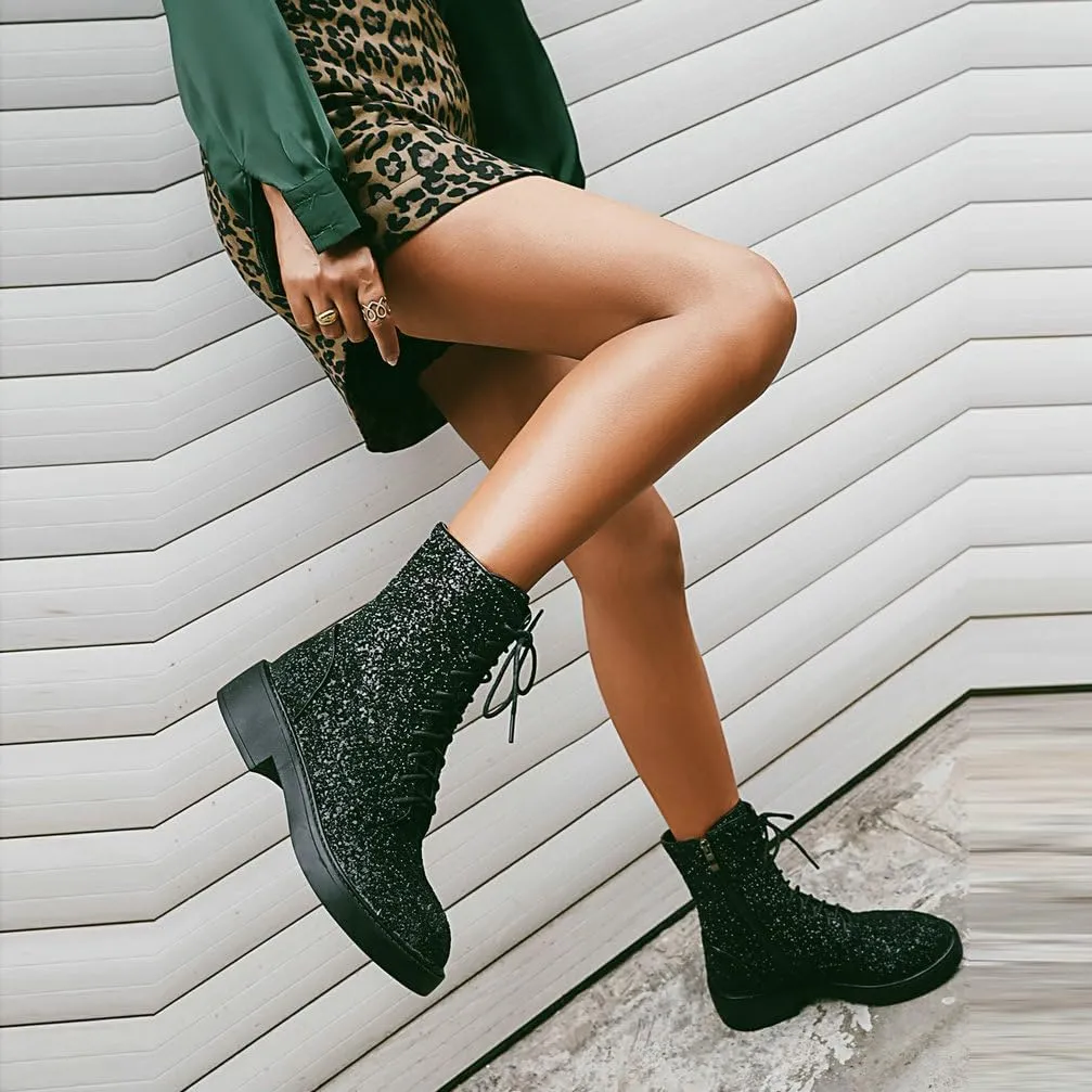 Caradise Womens Lace Up Glitter Combat Boots Chunky Heel Sequin Ankle Booties
