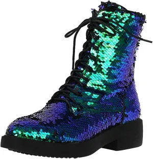 Caradise Womens Lace Up Glitter Combat Boots Chunky Heel Sequin Ankle Booties