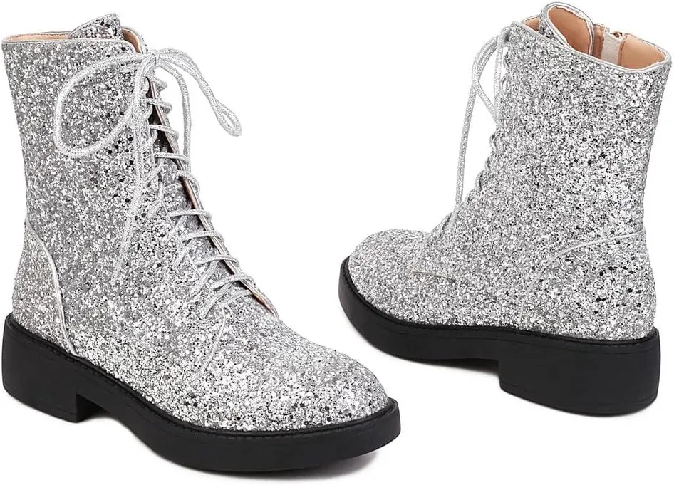 Caradise Womens Lace Up Glitter Combat Boots Chunky Heel Sequin Ankle Booties