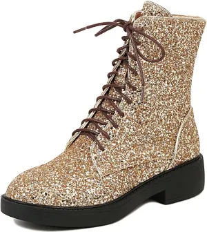 Caradise Womens Lace Up Glitter Combat Boots Chunky Heel Sequin Ankle Booties