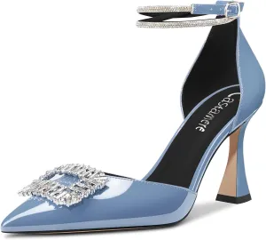 Castamere Women High Chunky Block Heel Ankle Strap Diamond Crystal Pointed Toe Pumps 3.3 Inches Heels
