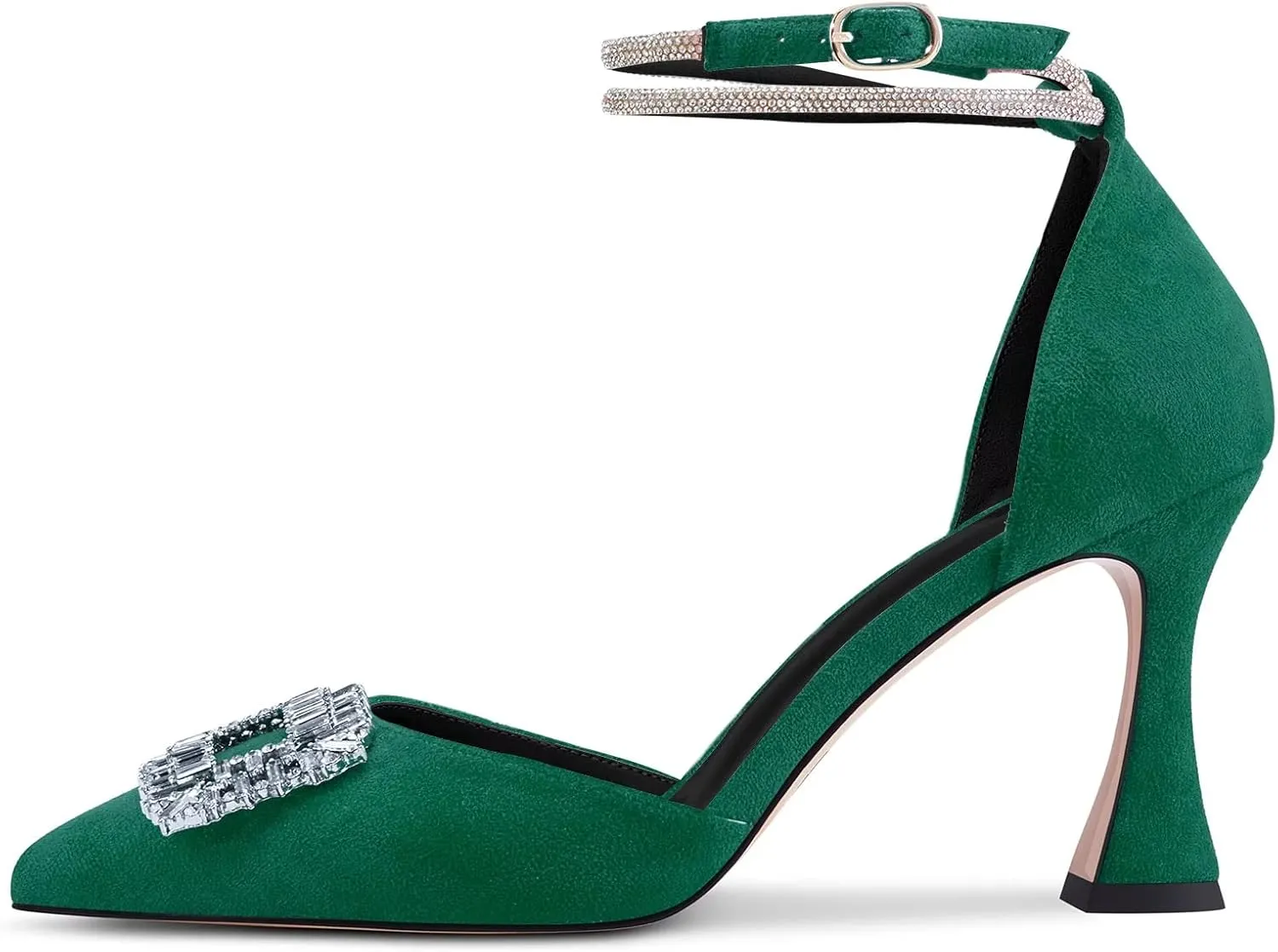 Castamere Women High Chunky Block Heel Diamond Crystal Ankle Strap Pointed Toe Pumps Cute 3.3 Inches Heels