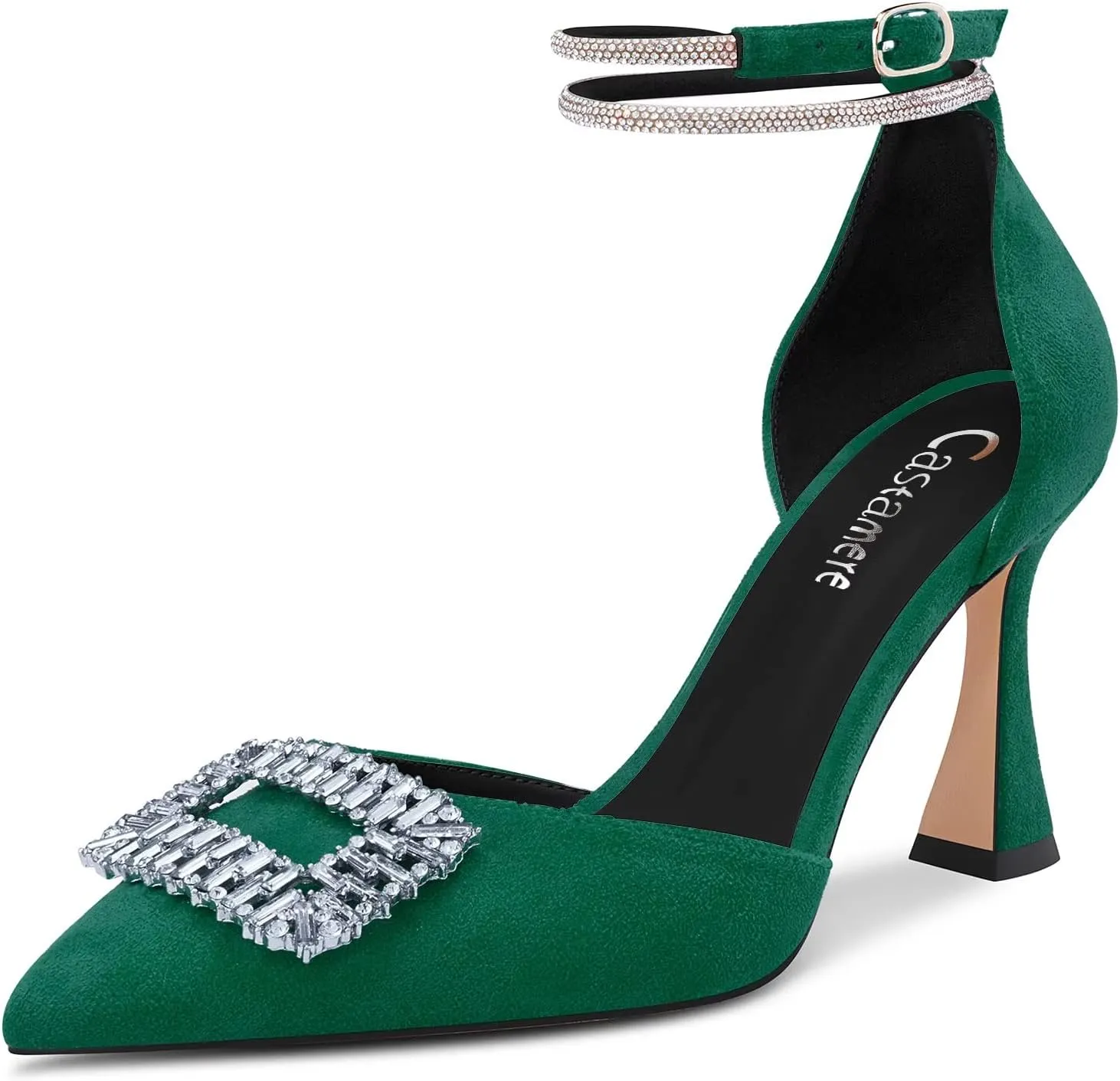 Castamere Women High Chunky Block Heel Diamond Crystal Ankle Strap Pointed Toe Pumps Cute 3.3 Inches Heels
