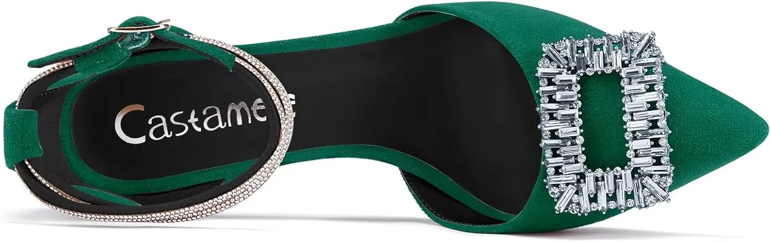 Castamere Women High Chunky Block Heel Diamond Crystal Ankle Strap Pointed Toe Pumps Cute 3.3 Inches Heels