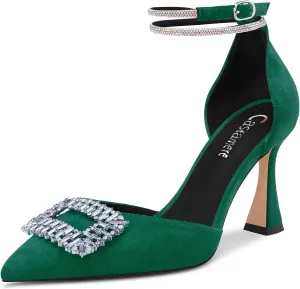 Castamere Women High Chunky Block Heel Diamond Crystal Ankle Strap Pointed Toe Pumps Cute 3.3 Inches Heels